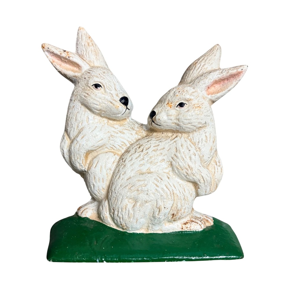 Vintage Cast Iron Double Rabbit Doorstop White Bunny Pair Rustic Farmhouse Decor